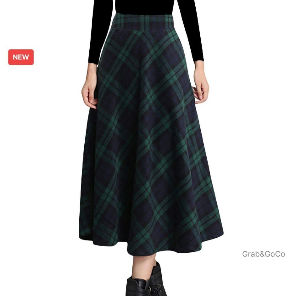Wool Plaid A-Line Pleated Long Skirt Warm Elastic Waist Elegant Chic